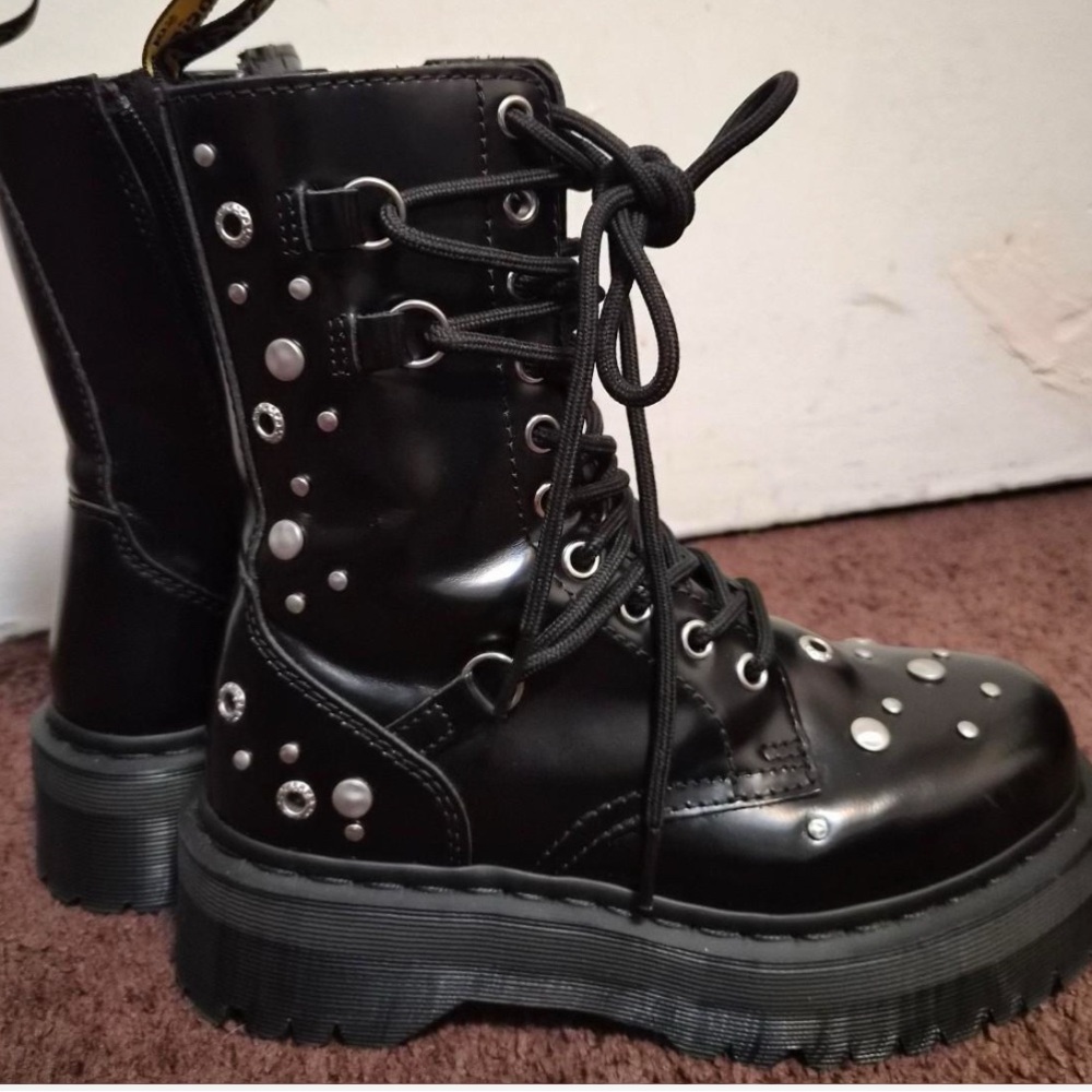 Black Studded Platform Combat Boots - Women